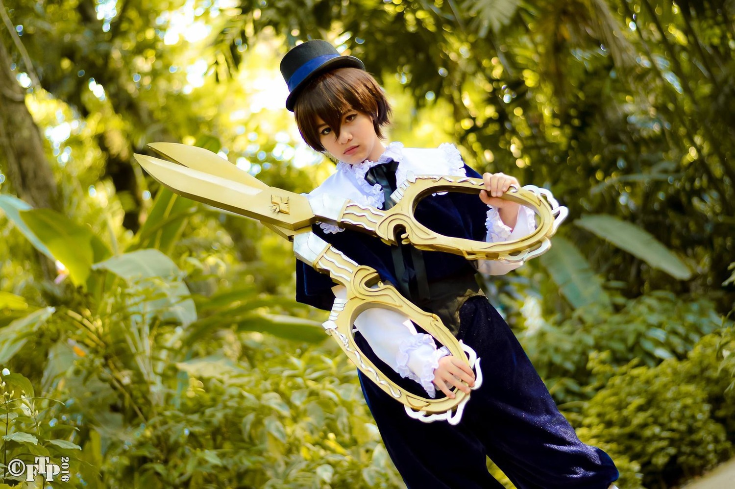 1boy bow bowtie brown_eyes brown_hair day dress hat long_sleeves outdoors pants solo souseiseki standing top_hat