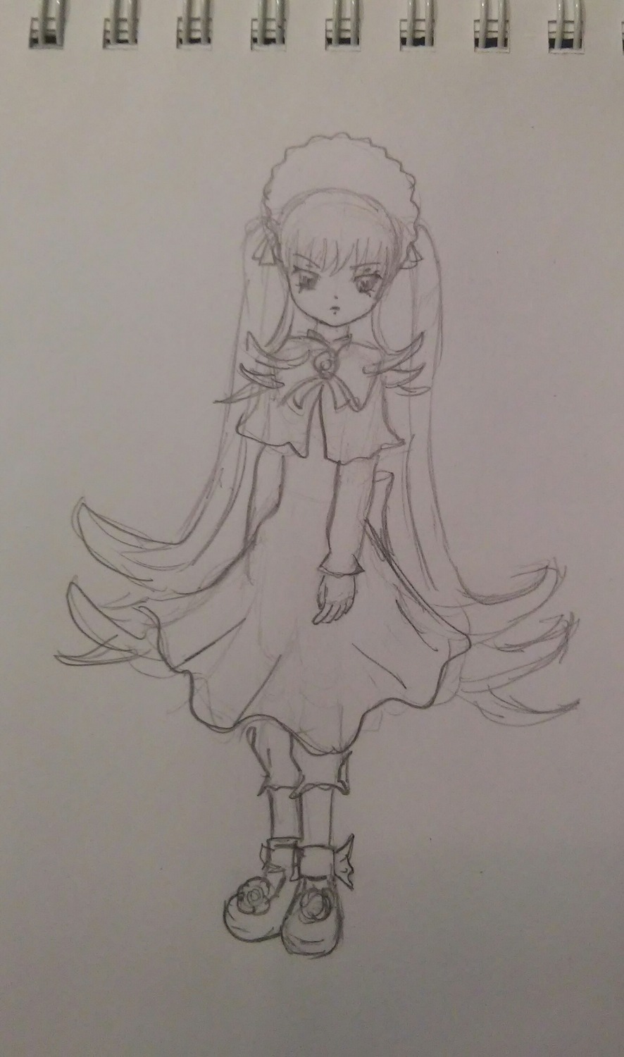 1girl bangs dress full_body image long_hair long_sleeves looking_at_viewer monochrome photo shinku shoes solo standing traditional_media twintails very_long_hair