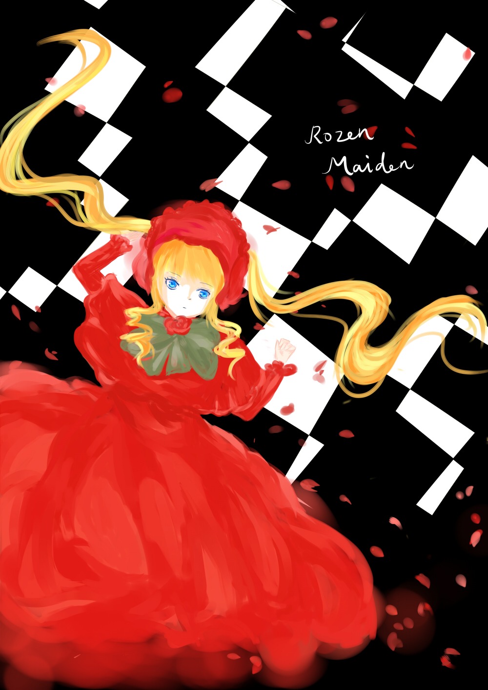 1girl argyle argyle_background argyle_legwear blonde_hair blue_eyes board_game bow checkered checkered_background checkered_floor checkered_kimono checkered_skirt chess_piece copyright_name dress floor flower image long_hair lying on_back on_floor perspective petals red_dress reflection rose rose_petals shinku solo tile_floor tile_wall tiles twintails vanishing_point