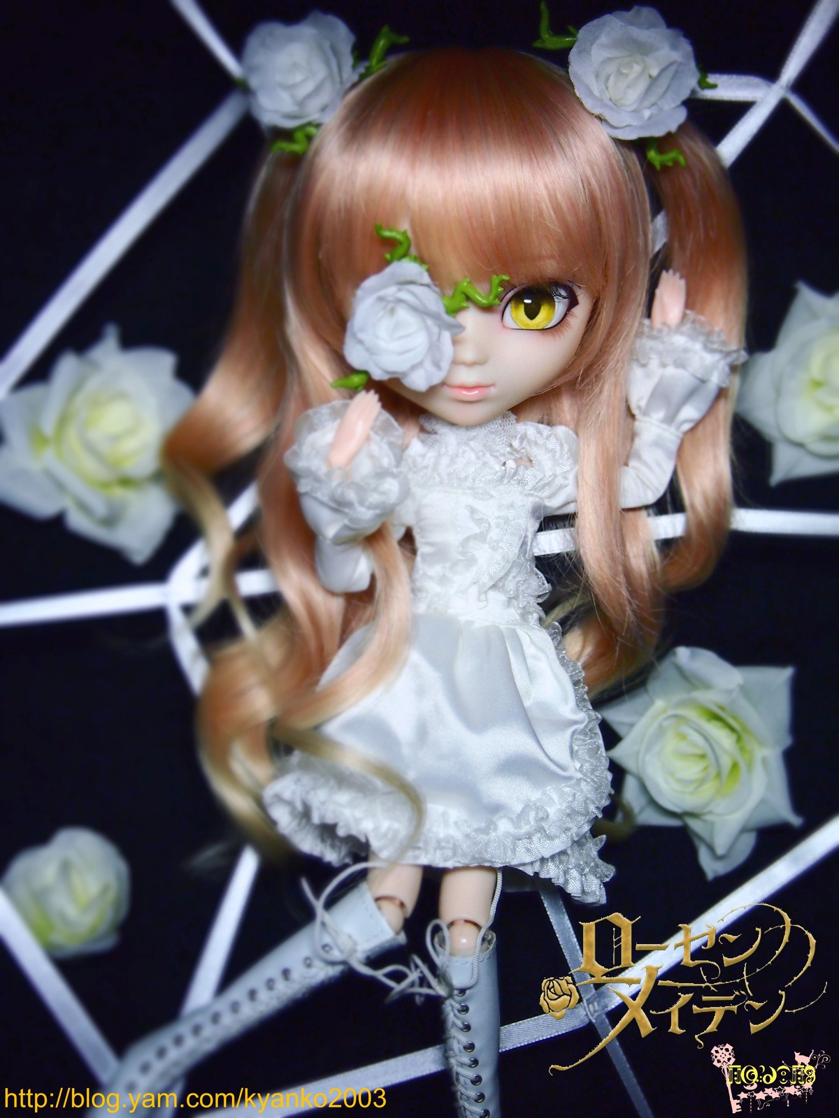 1girl blurry blurry_foreground boots brown_hair depth_of_field doll doll_joints dress eyepatch flower full_body hair_ornament joints kirakishou knee_boots long_hair rose sitting solo white_dress white_flower white_rose