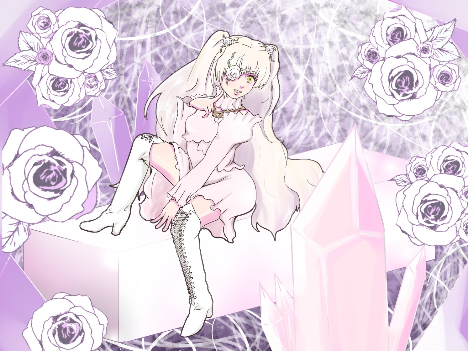 1girl black_flower black_rose blonde_hair blue_flower blue_rose boots bouquet dress eyepatch flower green_flower high_heel_boots holding_bouquet image kirakishou long_hair pink_flower pink_rose purple_flower purple_rose red_rose rose rose_petals smile solo thigh_boots thighhighs thorns twintails very_long_hair white_flower white_footwear white_hair white_rose white_theme yellow_flower yellow_rose