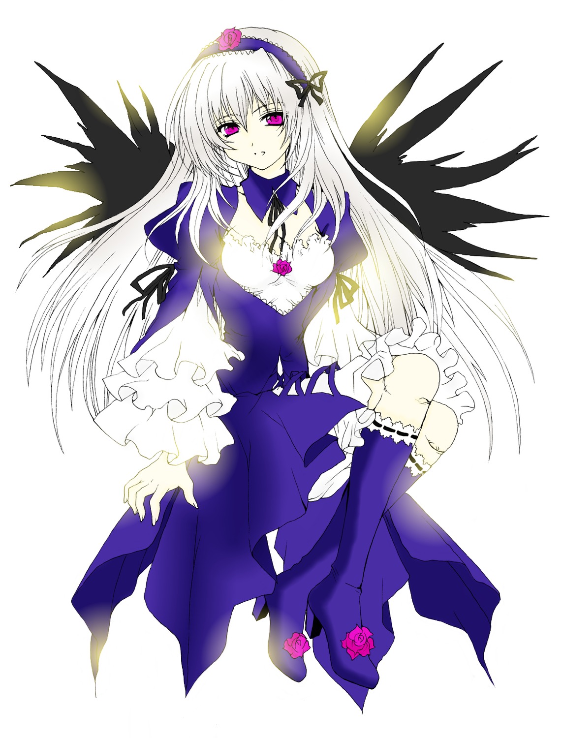 1girl black_wings boots breasts detached_collar dress flower frills hairband image knee_boots kneehighs long_hair long_sleeves looking_at_viewer sitting solo suigintou wings