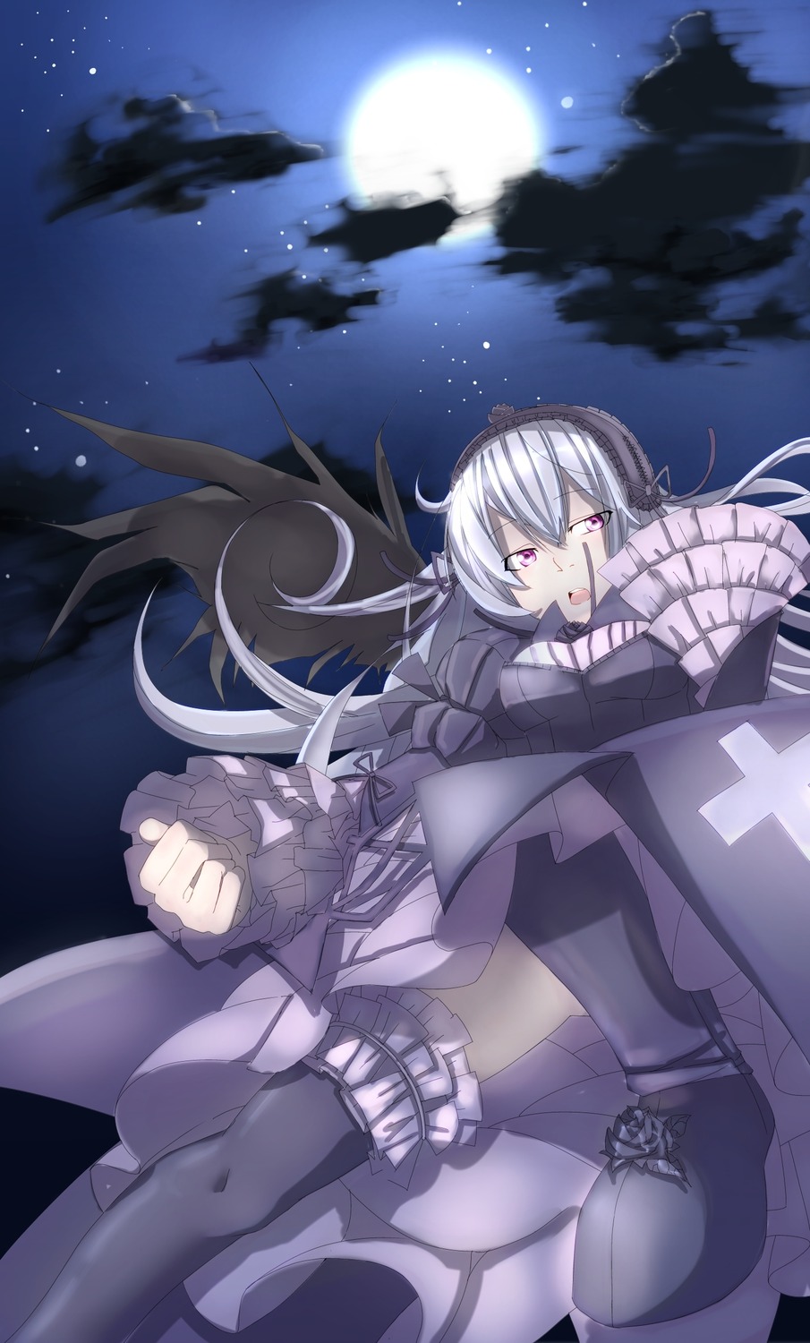 1girl absurdres bad_id bad_pixiv_id black_flower black_legwear black_rose bow breasts cloud dress flower frills full_moon gothic_lolita hairband highres image lolita_fashion long_hair medium_breasts moon night night_sky purple_eyes ribbon rose rozen_maiden silver_hair sky solo star_(sky) star_(symbol) suigintou tebakan thighhighs wings