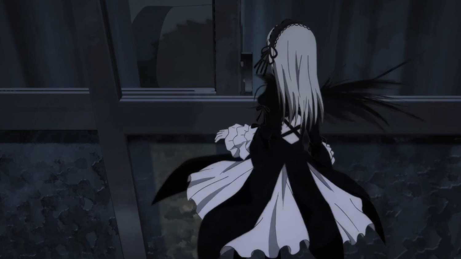 1girl black_dress dress flower frills greyscale hairband image juliet_sleeves lolita_hairband long_hair long_sleeves monochrome outdoors puffy_sleeves ribbon solo standing suigintou very_long_hair wide_sleeves wings