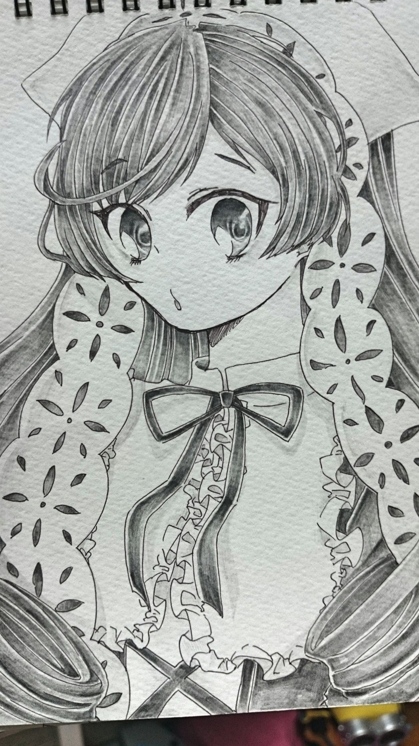 1girl bonnet frills graphite_(medium) greyscale image long_hair looking_at_viewer monochrome neck_ribbon photo solo suiseiseki traditional_media twintails umbrella upper_body