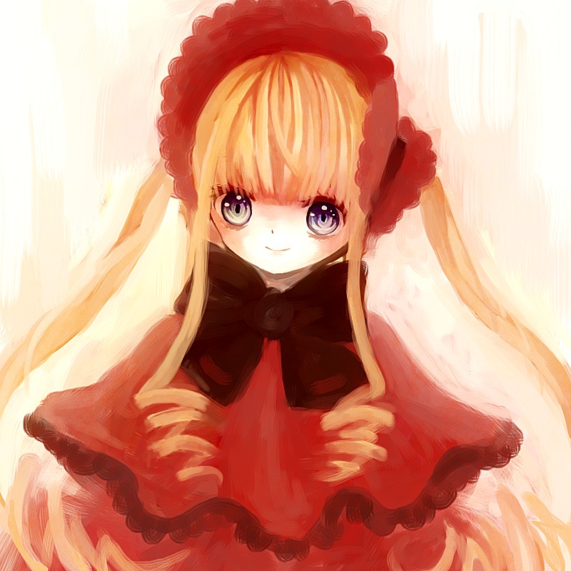 1girl bangs blonde_hair blue_eyes bonnet bow bowtie capelet closed_mouth dress drill_hair flower frills green_bow image long_hair long_sleeves looking_at_viewer red_dress rose shinku sidelocks smile solo twin_drills twintails upper_body