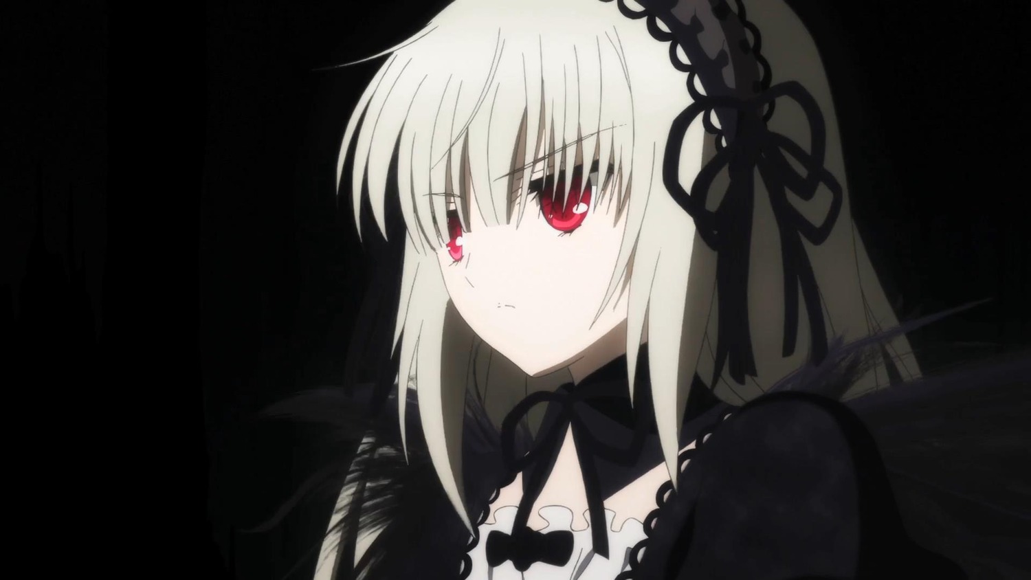 1girl bangs black_background black_dress black_ribbon black_wings closed_mouth detached_collar dress expressionless eyebrows_visible_through_hair frills hairband image long_hair long_sleeves looking_at_viewer red_eyes ribbon silver_hair simple_background solo suigintou wings