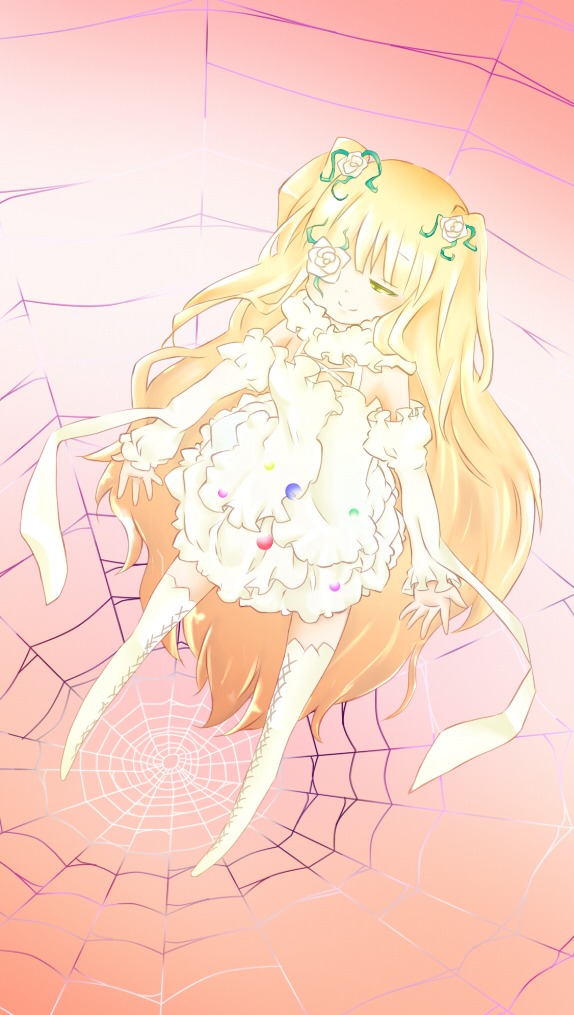 1girl auto_tagged blonde_hair dress eyepatch flower hair_flower hair_ornament honeycomb_(pattern) image kirakishou long_hair rose silk smile solo spider_web thighhighs very_long_hair zettai_ryouiki