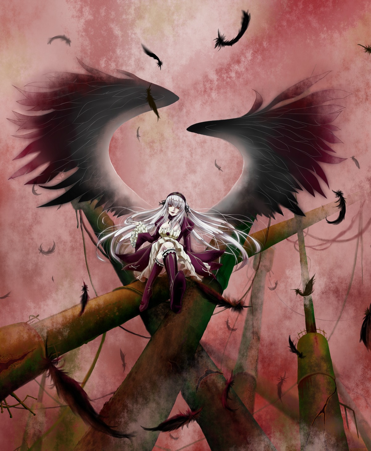 1girl auto_tagged bird black_feathers black_wings boots crow dove feathered_wings feathers flock frills hairband image long_hair seagull silver_hair sitting solo suigintou thighhighs very_long_hair weapon wings