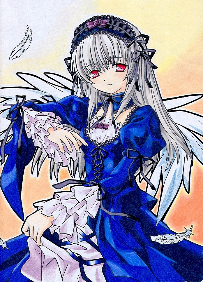 1girl cross-laced_clothes detached_collar dress flower frilled_sleeves frills hairband image juliet_sleeves long_hair long_sleeves looking_at_viewer marker_(medium) pink_eyes puffy_sleeves rose silver_hair solo suigintou traditional_media wings