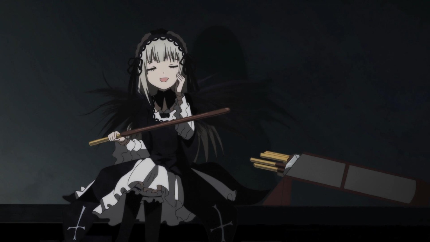 1girl closed_eyes dress frills gothic_lolita hairband holding image instrument lolita_fashion long_hair long_sleeves open_mouth silver_hair sitting smile solo suigintou