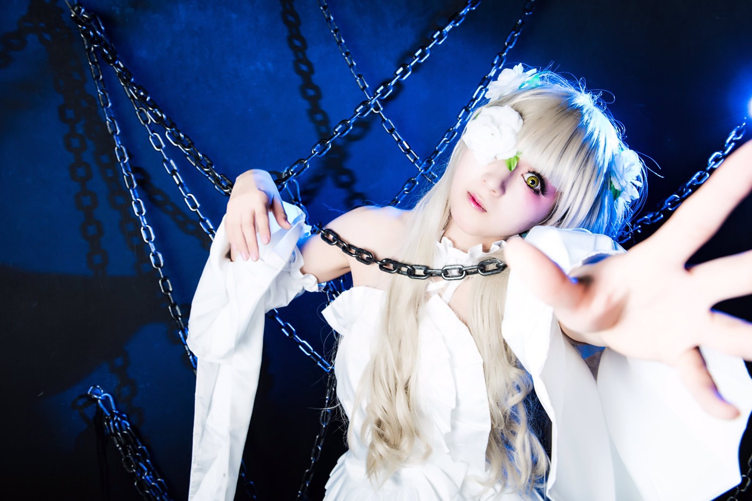 1girl bdsm blonde_hair blurry bondage bound broken broken_chain chain chain_necklace chained cuffs depth_of_field dress flail gold_chain handcuffs kirakishou lips lock looking_at_viewer pocket_watch restrained shackles slave solo swing yellow_eyes