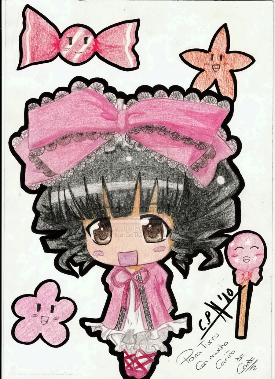 1girl :d artist_name black_hair bow brown_eyes chibi dated dress food frills hair_bow heart hinaichigo image looking_at_viewer open_mouth pink_bow pink_dress smile solo standing