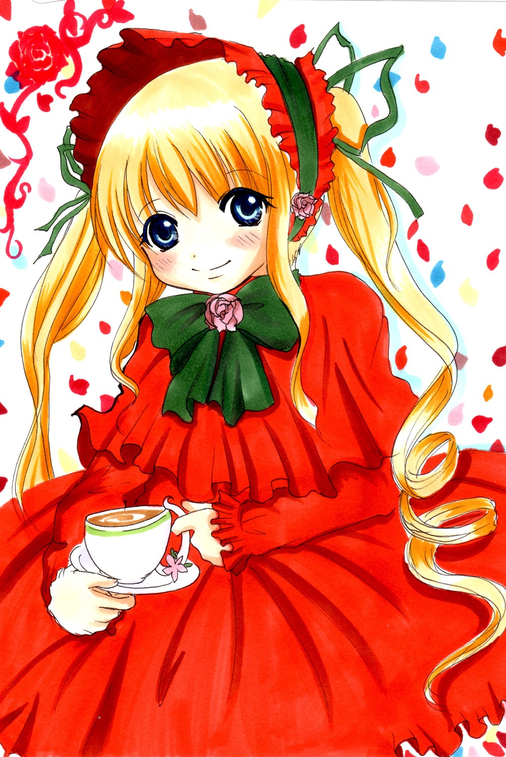 1girl blonde_hair blue_eyes blush bonnet bow bowtie capelet cup dress drill_hair flower green_bow green_neckwear holding holding_cup image long_hair long_sleeves looking_at_viewer petals red_dress rose rose_petals saucer shinku sidelocks smile solo tea teacup twintails very_long_hair