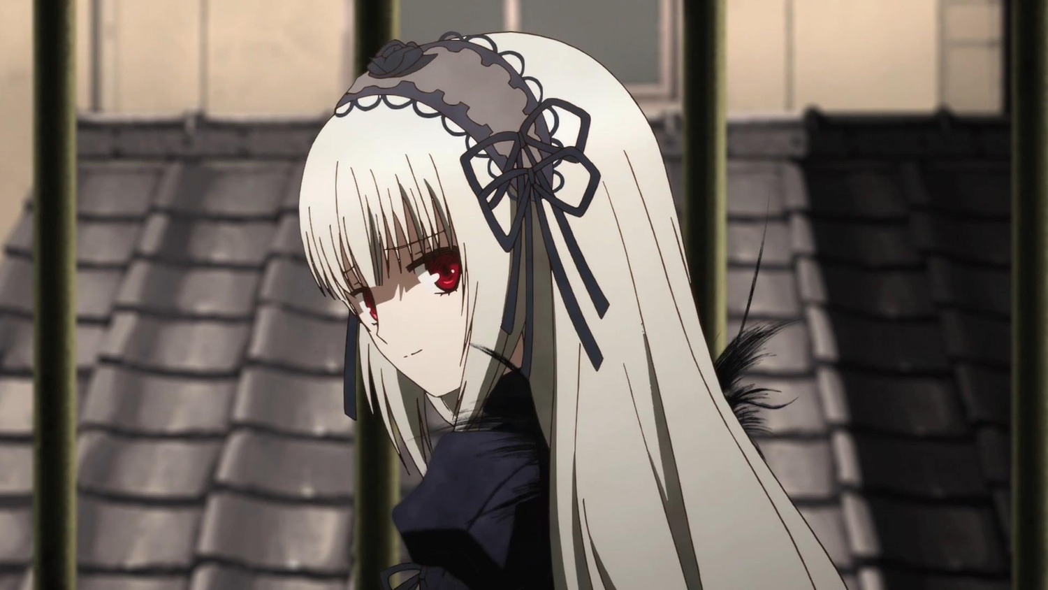 1girl bangs blurry blurry_background brick_wall closed_mouth depth_of_field dress eyebrows_visible_through_hair hairband image long_hair looking_at_viewer red_eyes silver_hair smile solo suigintou