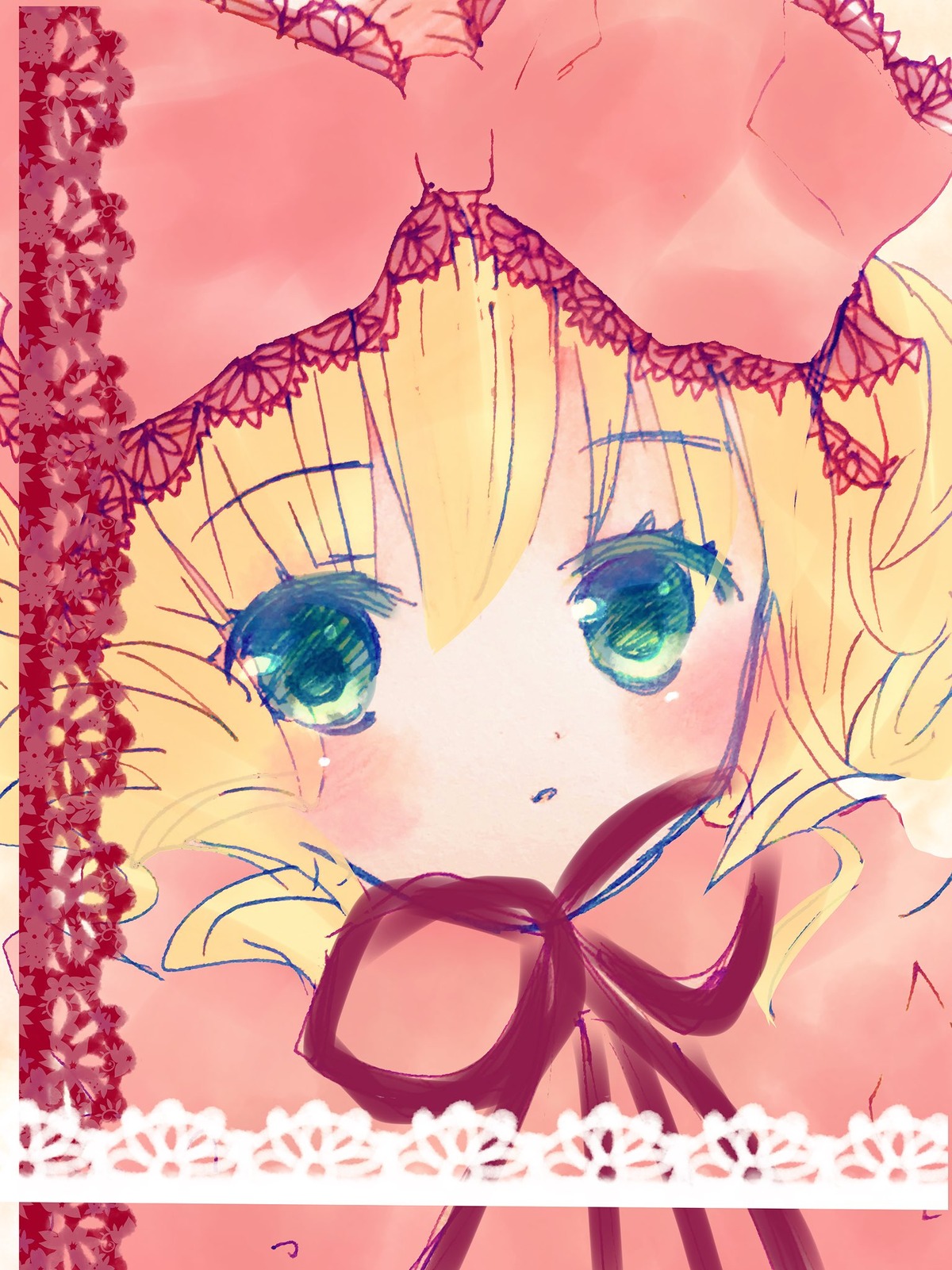 1girl bangs blonde_hair bow close-up face frills hinaichigo image lace looking_at_viewer ribbon short_hair solo underwear