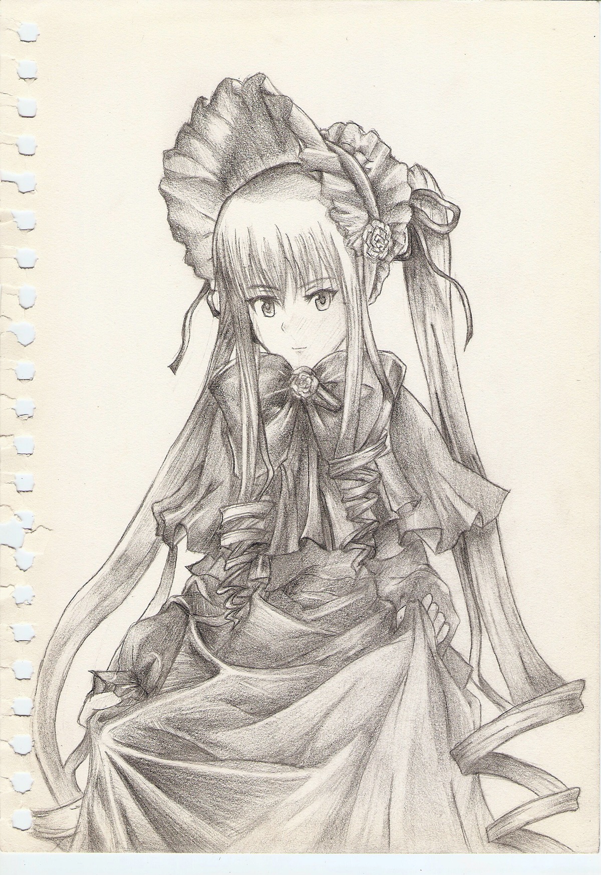 1girl bonnet bow capelet dress flower frills hair_flower hair_ornament image long_hair long_sleeves looking_at_viewer monochrome rose shinku sidelocks skirt_hold solo traditional_media very_long_hair