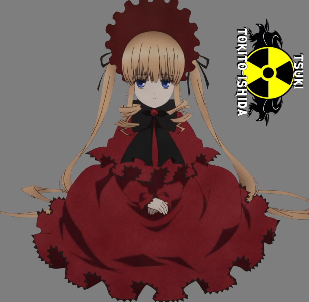 1girl blonde_hair blue_eyes bonnet bow bowtie dress drill_hair full_body image long_hair long_sleeves looking_at_viewer red_dress rose shinku solo torn_clothes twin_drills twintails