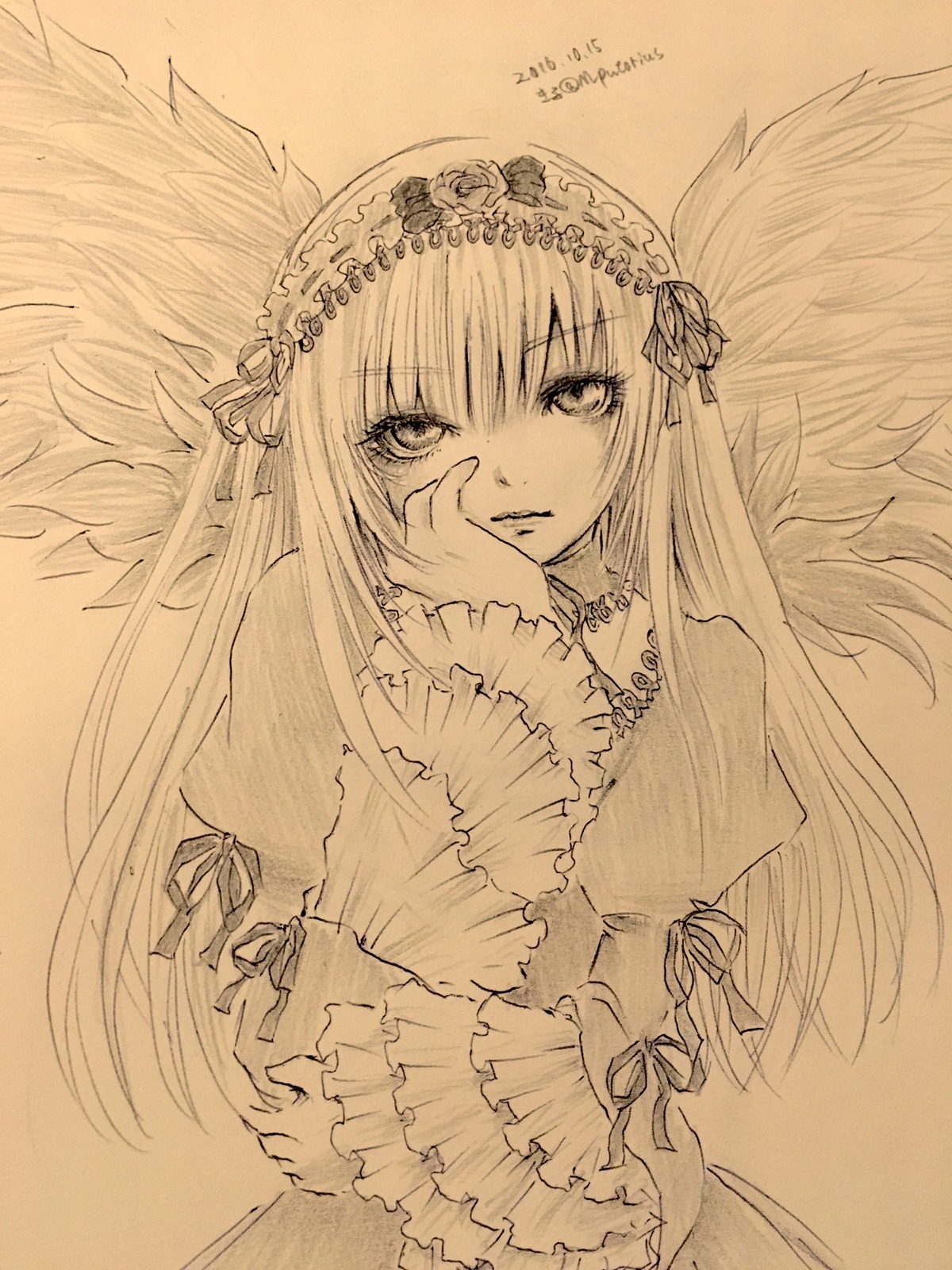 1girl bangs dress eyebrows_visible_through_hair frills hairband image long_hair long_sleeves looking_at_viewer monochrome ribbon solo suigintou traditional_media very_long_hair wings