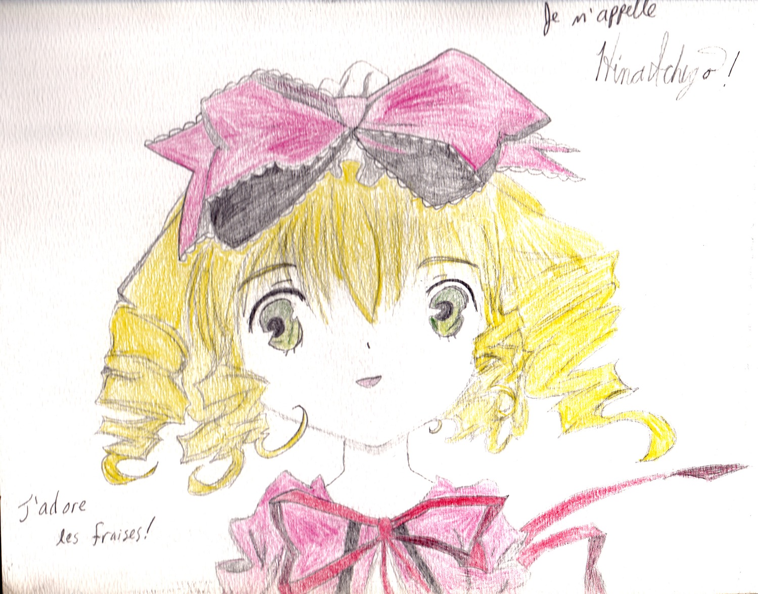 1girl blonde_hair blush bow character_name dated green_eyes hat hina_ichigo hinaichigo image looking_at_viewer pink_bow portrait smile solo striped striped_background traditional_media