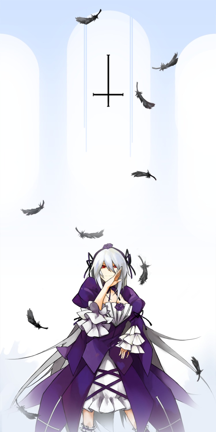 1girl bat bird black_feathers bug crow dove feathers flock hair_ornament image insect japanese_clothes long_hair long_sleeves penguin red_eyes seagull silver_hair solo suigintou white_feathers wide_sleeves wings