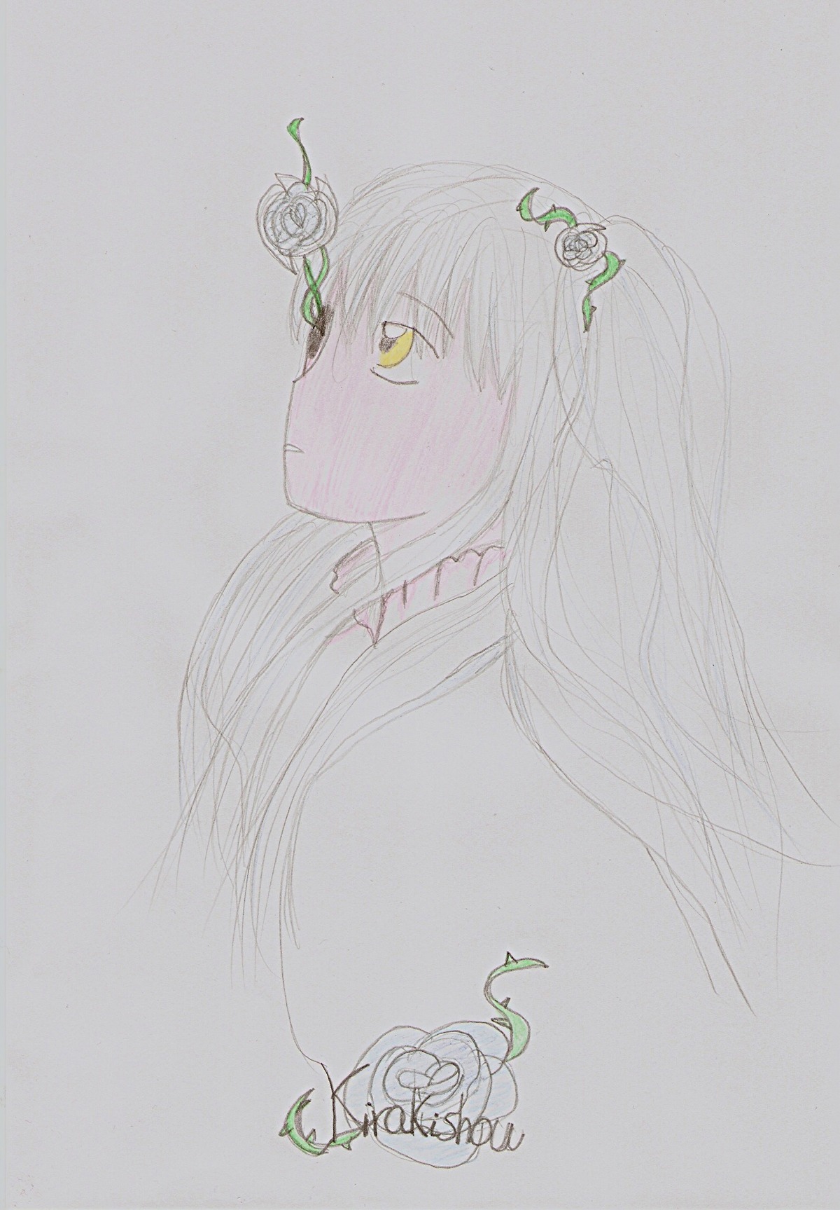 1girl bangs closed_mouth flower from_side grey_background hair_flower hair_ornament image kirakishou leaf long_hair plant profile rose simple_background solo thorns traditional_media upper_body vines yellow_eyes