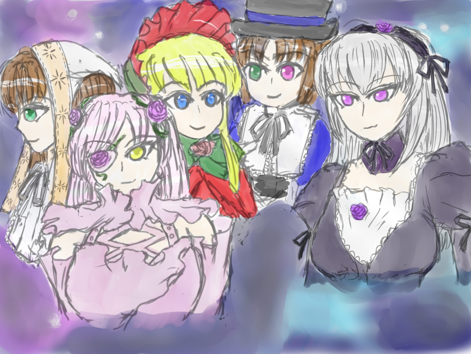 6+girls blonde_hair blue_dress blue_eyes brown_hair dress flower green_eyes green_neckwear hairband hat hina_ichigo image kanaria long_hair long_sleeves looking_at_viewer multiple multiple_girls purple_eyes rose shinku short_hair silver_hair sisters smile souseiseki suigintou suiseiseki tagme