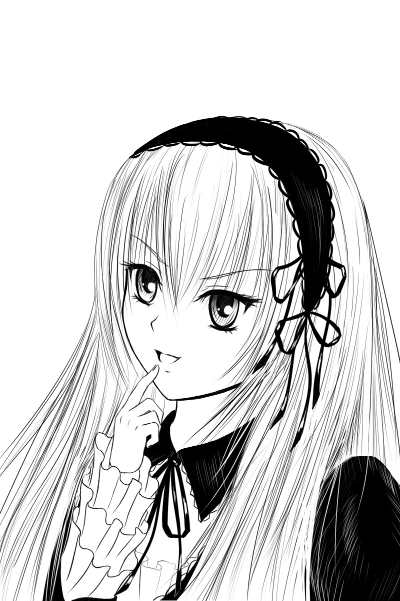 1girl finger_to_mouth frills greyscale hairband image index_finger_raised long_hair long_sleeves looking_at_viewer monochrome open_mouth ribbon simple_background smile solo suigintou upper_body white_background wings