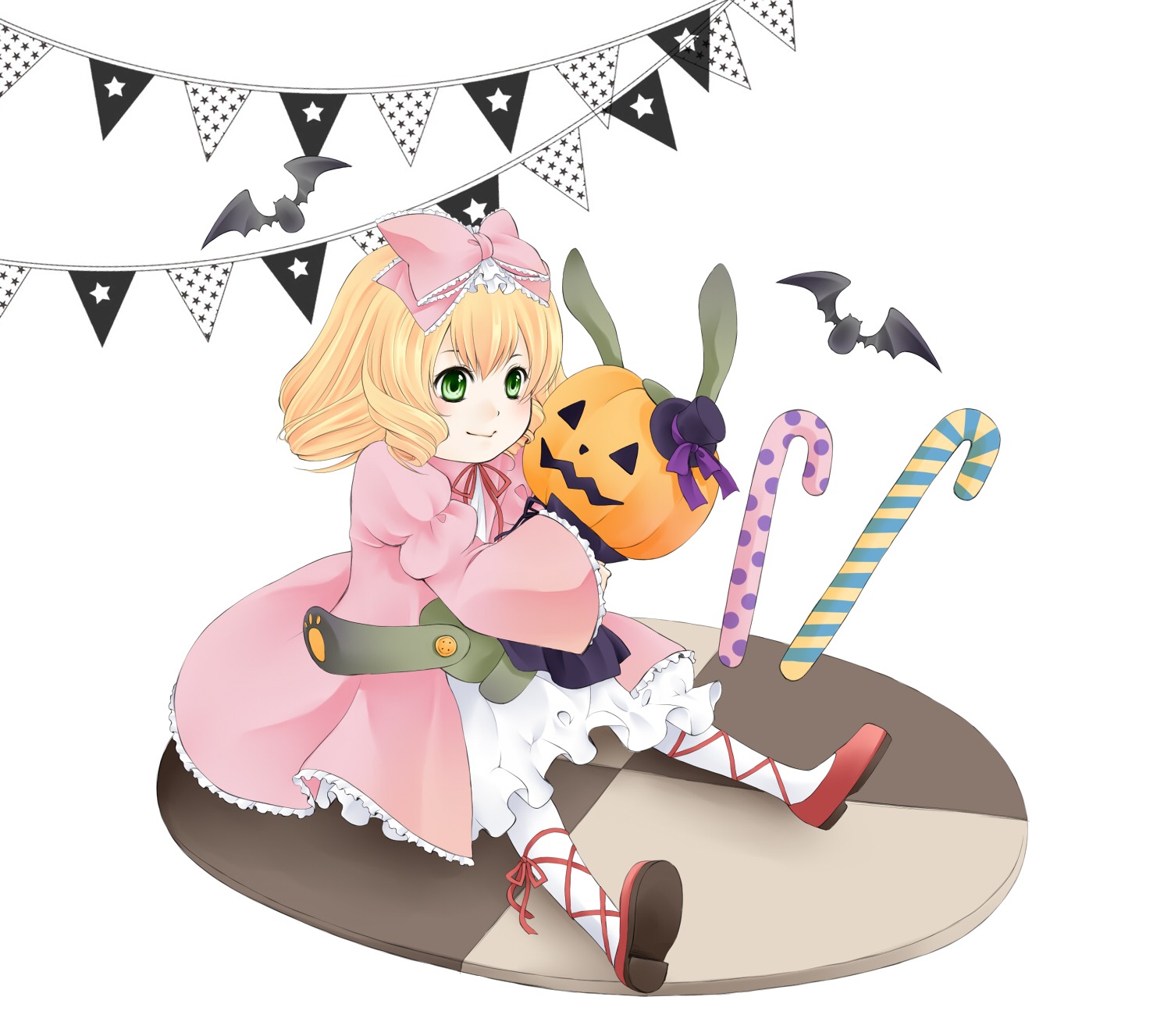 1girl auto_tagged bat blonde_hair bow candy candy_cane dress food green_eyes halloween hina_ichigo hinaichigo image jack-o'-lantern pantyhose polka_dot pumpkin ribbon short_hair smile solo striped