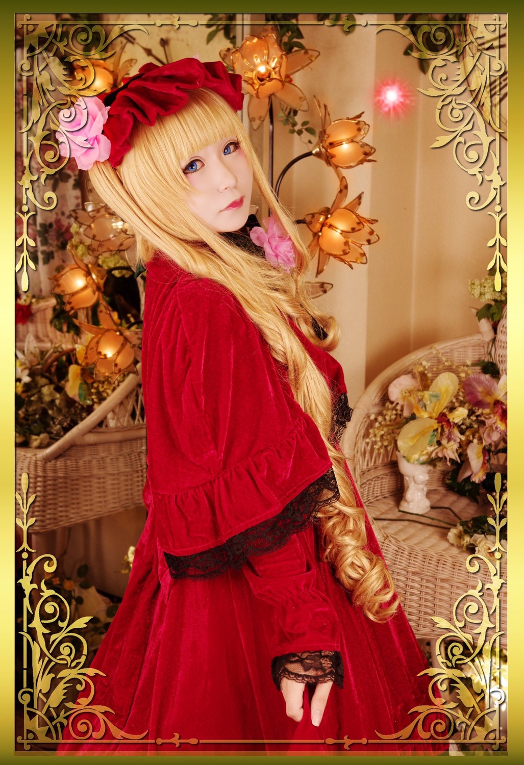 1girl blonde_hair blue_eyes bug butterfly dress flower frame hair_flower insect lips lipstick long_hair looking_at_viewer makeup red_dress rose shinku solo