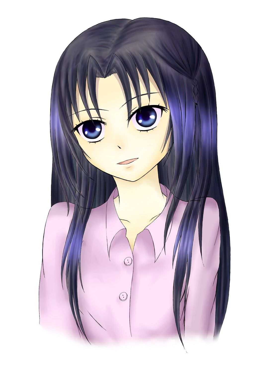 1girl asakura_ryouko bangs blue_eyes collarbone collared_shirt human image kakizaki_megu long_hair looking_at_viewer pajamas parted_bangs pink_shirt shirt simple_background solo striped striped_shirt upper_body vertical-striped_shirt vertical_stripes white_background