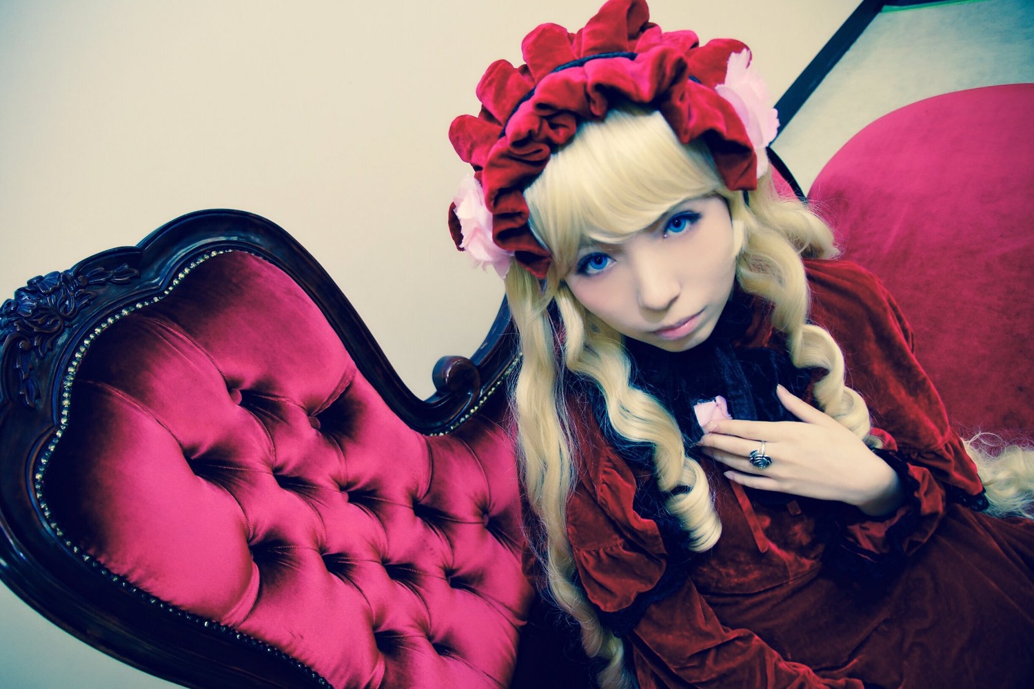 1girl blonde_hair blue_eyes bonnet dress flower hands_together jewelry lips lolita_fashion long_hair long_sleeves looking_at_viewer nail_polish red_dress red_flower ring rose shinku solo