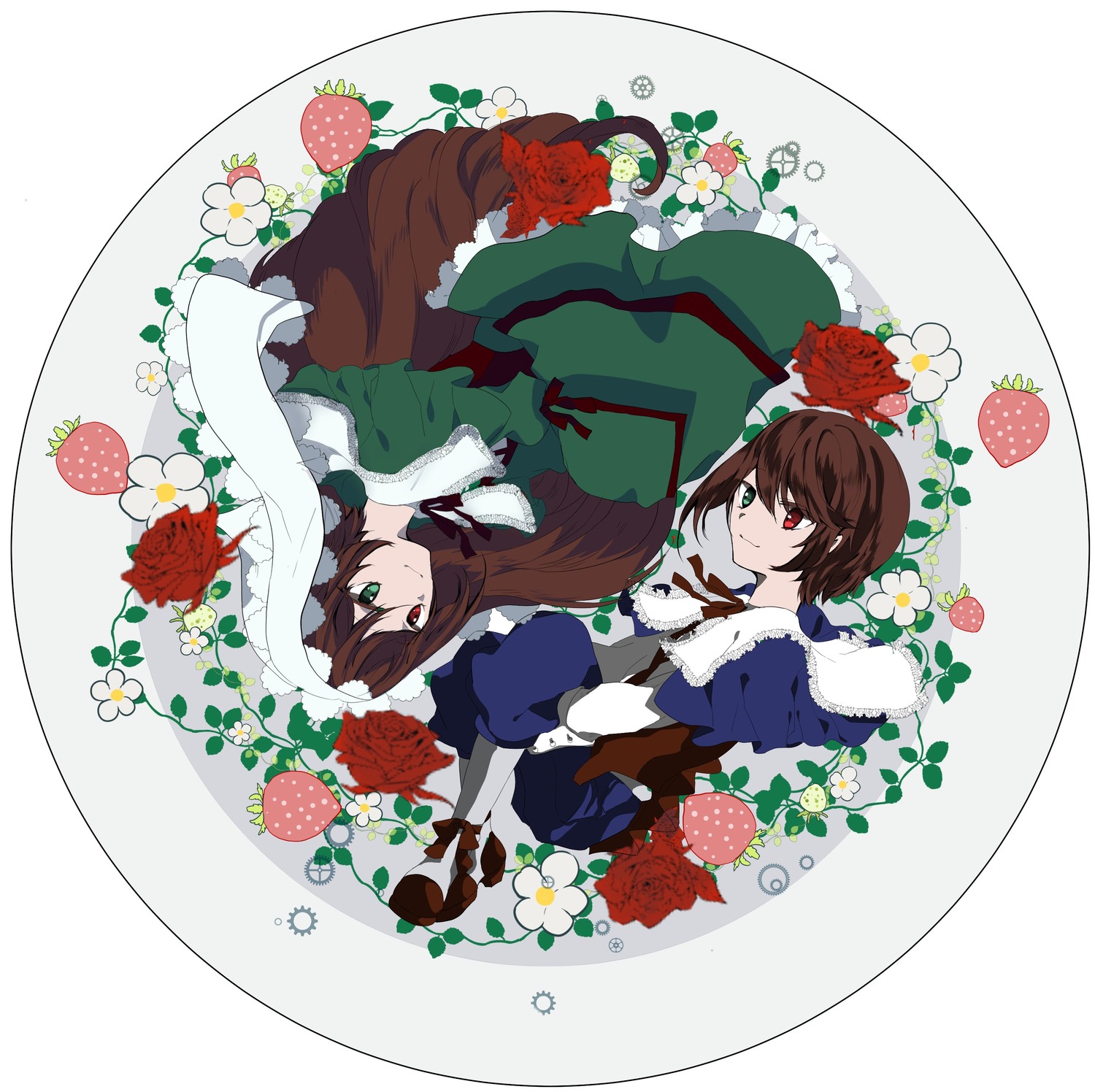 brown_hair capelet dress flower food fruit green_dress green_eyes heterochromia image long_hair pair red_eyes red_flower red_rose rose short_hair siblings smile souseiseki suiseiseki twins