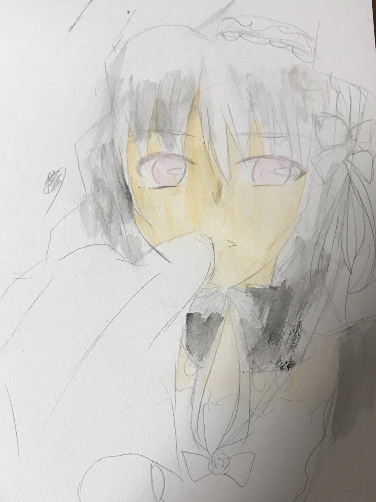 1girl akemi_homura black_hair blush image looking_at_viewer purple_eyes ribbon simple_background sketch solo suigintou traditional_media white_background