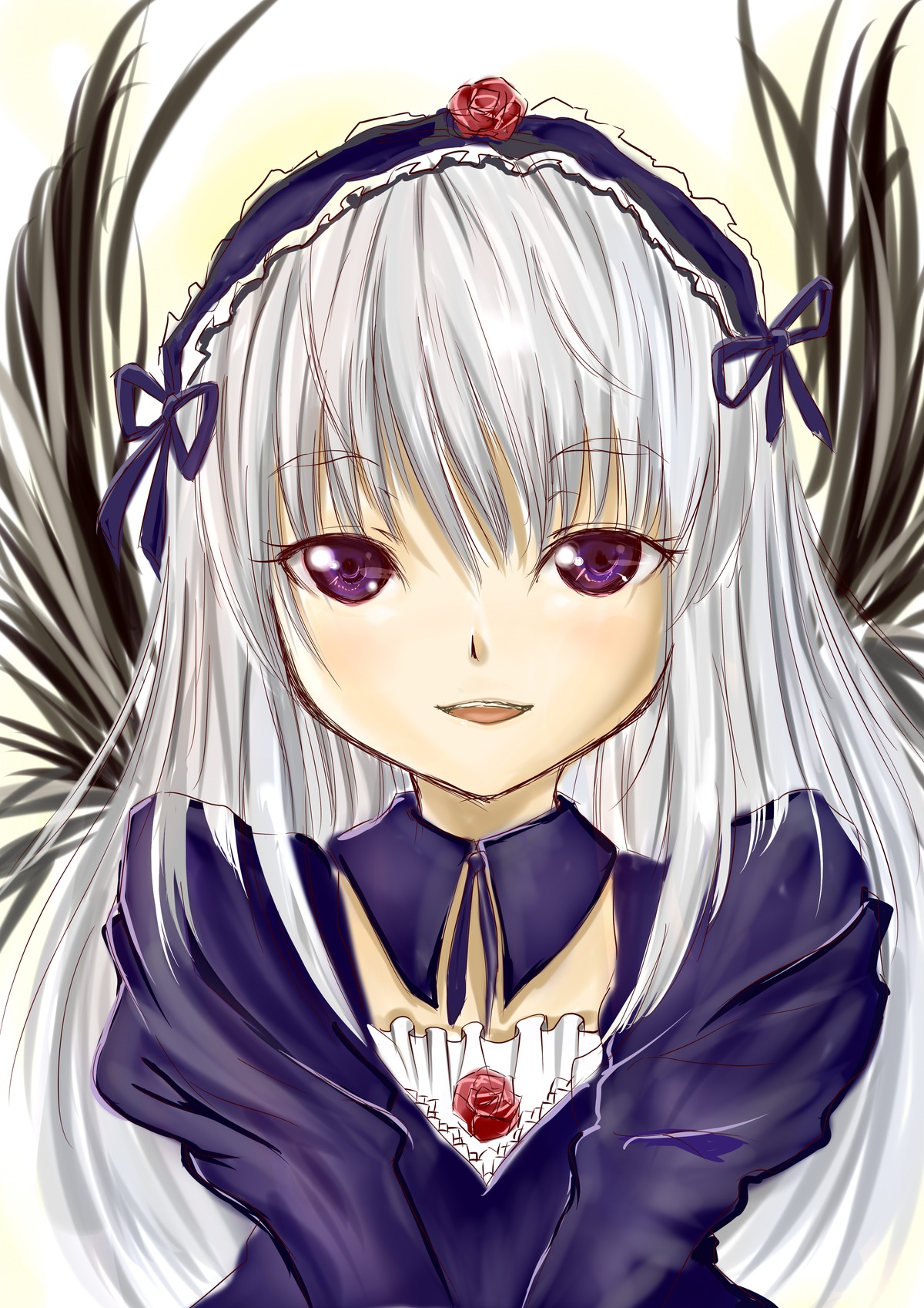 1girl :d auto_tagged bangs blush detached_collar dress flower frills hairband image juliet_sleeves lolita_hairband long_hair long_sleeves looking_at_viewer open_mouth puffy_sleeves red_rose ribbon rose silver_hair smile solo suigintou upper_body white_background