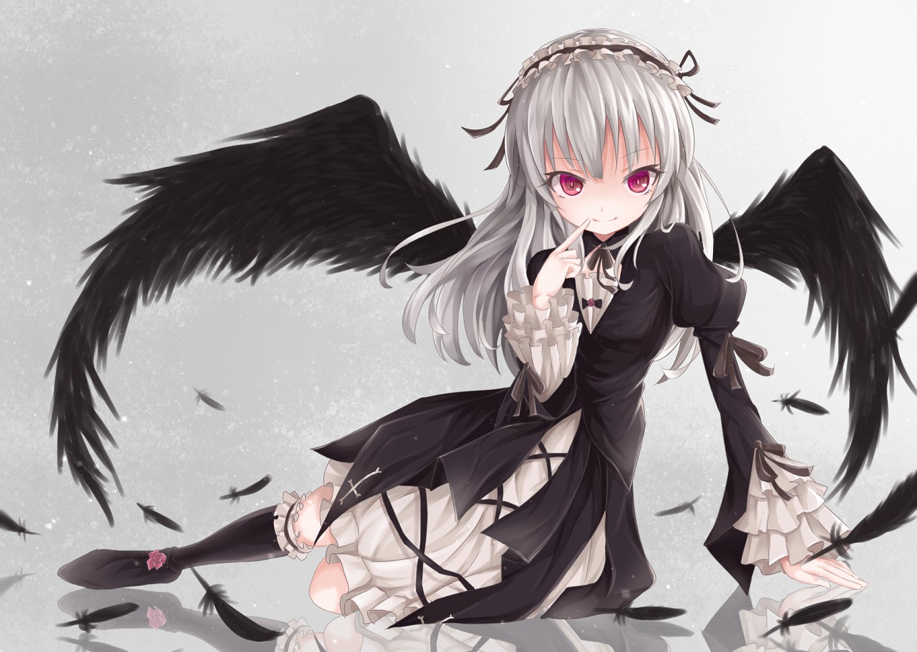 1girl bad_id bad_pixiv_id black_legwear black_wings doll_joints dress feathers frills gothic_lolita hairband image joints kneehighs lolita_fashion lolita_hairband long_hair long_sleeves looking_at_viewer pink_eyes red_eyes reflection rin_yuu rozen_maiden silver_hair smile solo suigintou wings