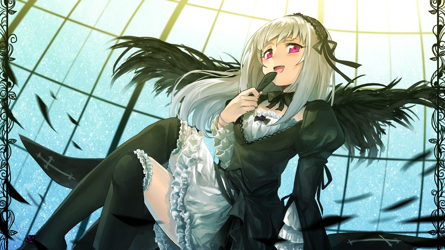 1girl black_legwear black_wings commentary_request crossed_legs dress erubo feathers finger_to_mouth frills hairband highres image lolita_fashion lolita_hairband long_hair long_sleeves looking_at_viewer open_mouth pink_eyes puffy_sleeves red_eyes rozen_maiden silver_hair sitting solo suigintou thighhighs window wings