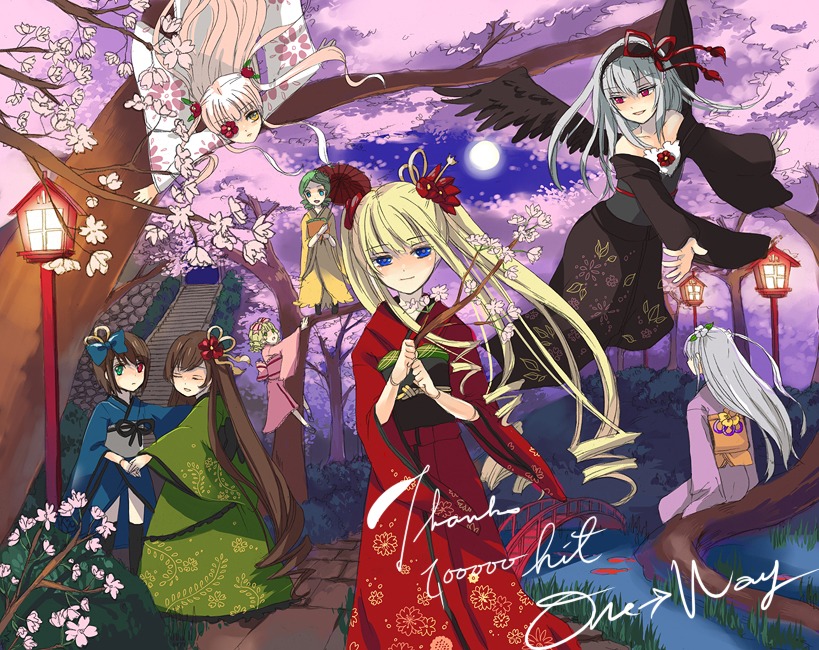 6+girls blonde_hair blue_eyes brown_hair cherry_blossoms dress hair_ornament heterochromia image japanese_clothes kimono long_hair multiple multiple_girls silver_hair tagme tree twintails wings