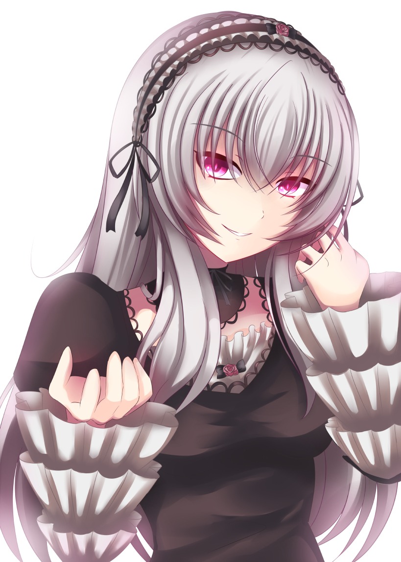 1girl black_dress detached_collar dress eyebrows_visible_through_hair frilled_sleeves frills hairband image lolita_hairband long_hair long_sleeves looking_at_viewer pink_eyes silver_hair simple_background smile solo suigintou upper_body white_background