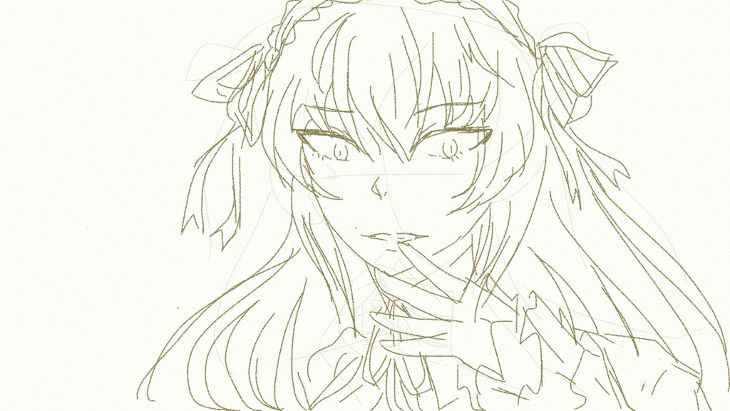 1girl bangs blush eyebrows_visible_through_hair hair_between_eyes hair_ribbon hairband image long_hair looking_at_viewer monochrome ribbon sketch smile solo striped suigintou white_background