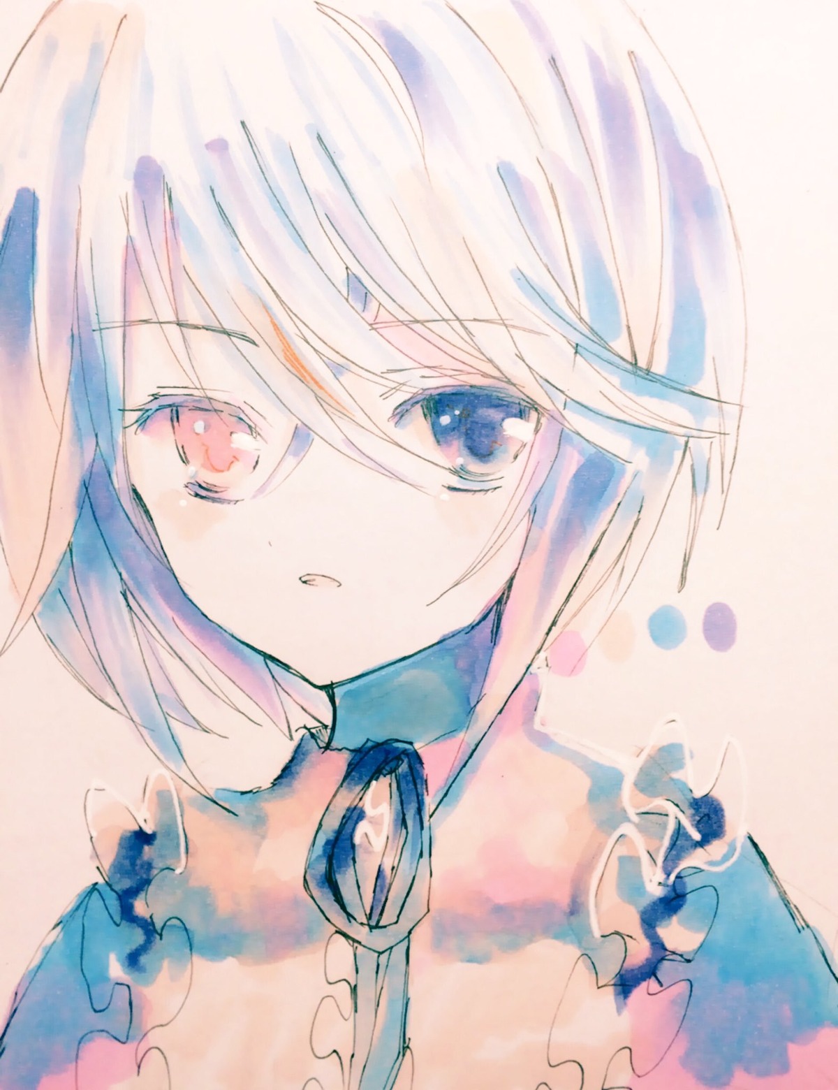 1girl bangs blue_eyes frills hair_between_eyes hariruri image looking_at_viewer portrait red_eyes short_hair simple_background solo souseiseki traditional_media