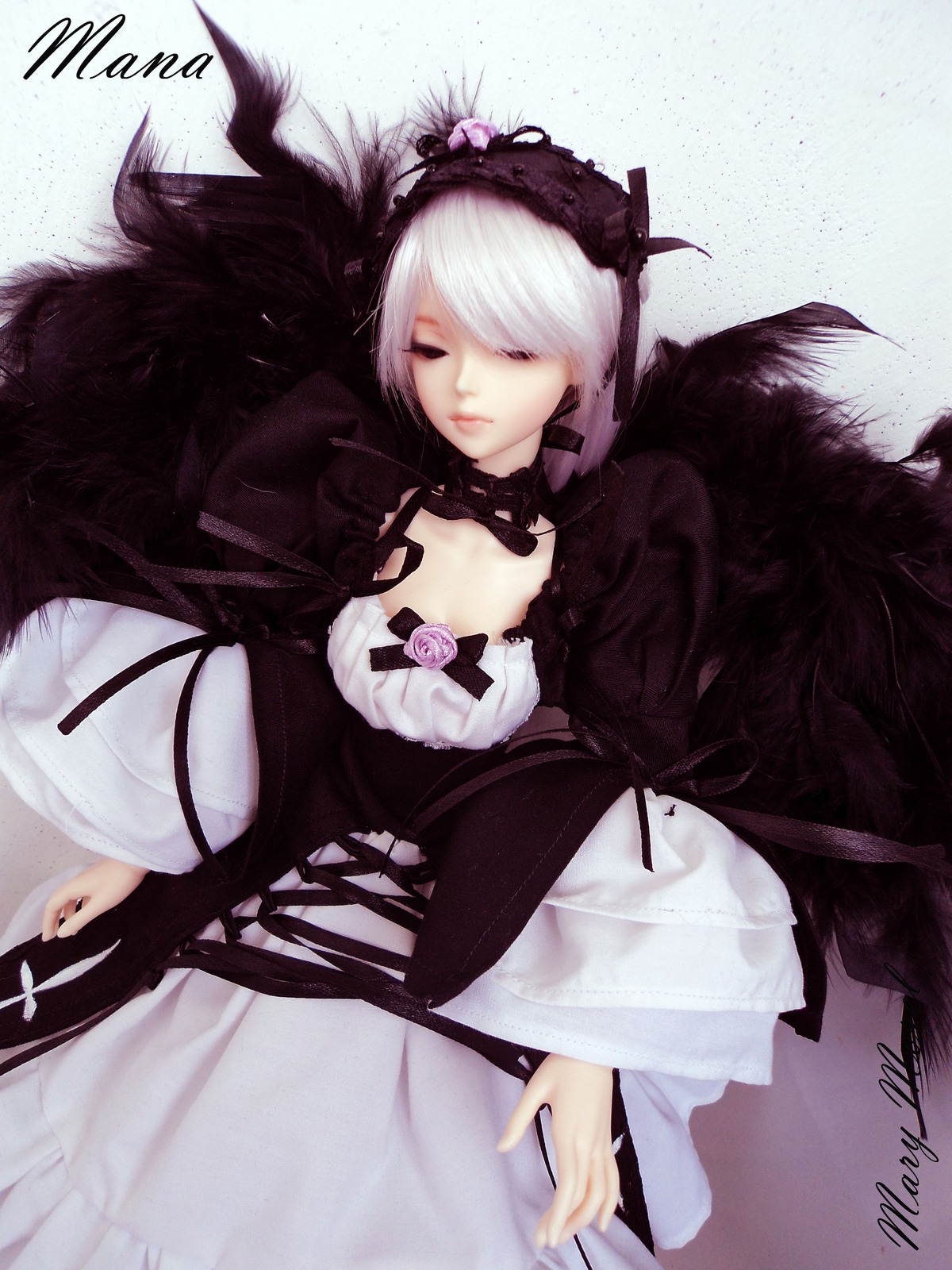 1girl closed_eyes doll dress flower hairband lips long_sleeves ribbon rose solo suigintou white_hair wings