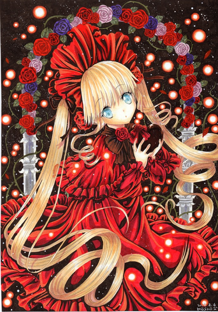 1girl aqua_eyes blonde_hair blue_eyes blue_flower blue_rose bow candy capelet chocolate commentary_request dated dress flower food frills hat heart heart-shaped_chocolate holding image lolita_fashion long_hair looking_at_viewer marker_(medium) mosho photoshop_(medium) pink_rose red_capelet red_dress red_flower red_rose rose rozen_maiden shinku signature solo too_many too_many_frills traditional_media twintails valentine very_long_hair