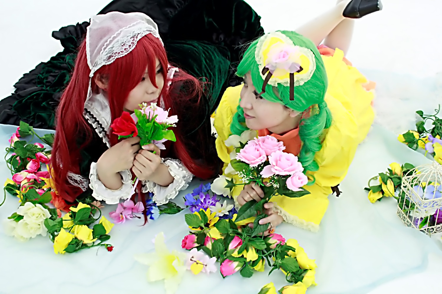 closed_eyes flower hair_over_one_eye holding long_hair long_sleeves multiple_cosplay nun red_hair solo tagme