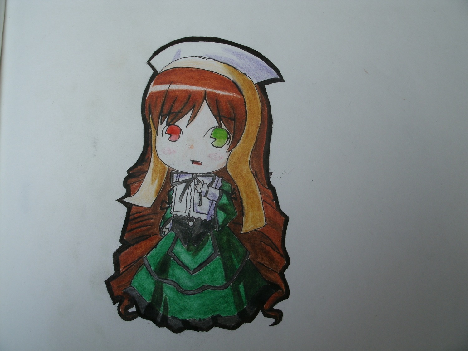 1girl brown_hair dress green_dress green_eyes heterochromia image long_hair long_sleeves looking_at_viewer open_mouth red_eyes simple_background solo standing suiseiseki traditional_media very_long_hair