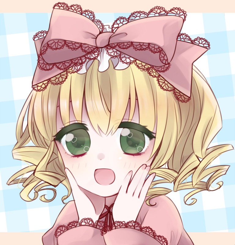 1girl argyle argyle_background argyle_legwear blonde_hair blush board_game bow checkered checkered_background checkered_floor checkered_kimono checkered_skirt chess_piece drill_hair green_eyes hands_on_own_cheeks hands_on_own_face hina_ichigo hinaichigo image lolita_fashion open_mouth perspective plaid_background ribbon short_hair solo tile_floor tile_wall tiles twin_drills