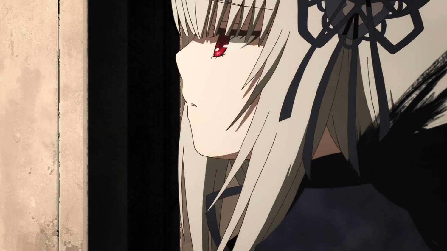 1girl bangs black_dress black_ribbon blush closed_mouth dress eyebrows_visible_through_hair from_side hair_ribbon image long_hair looking_away profile red_eyes ribbon solo suigintou