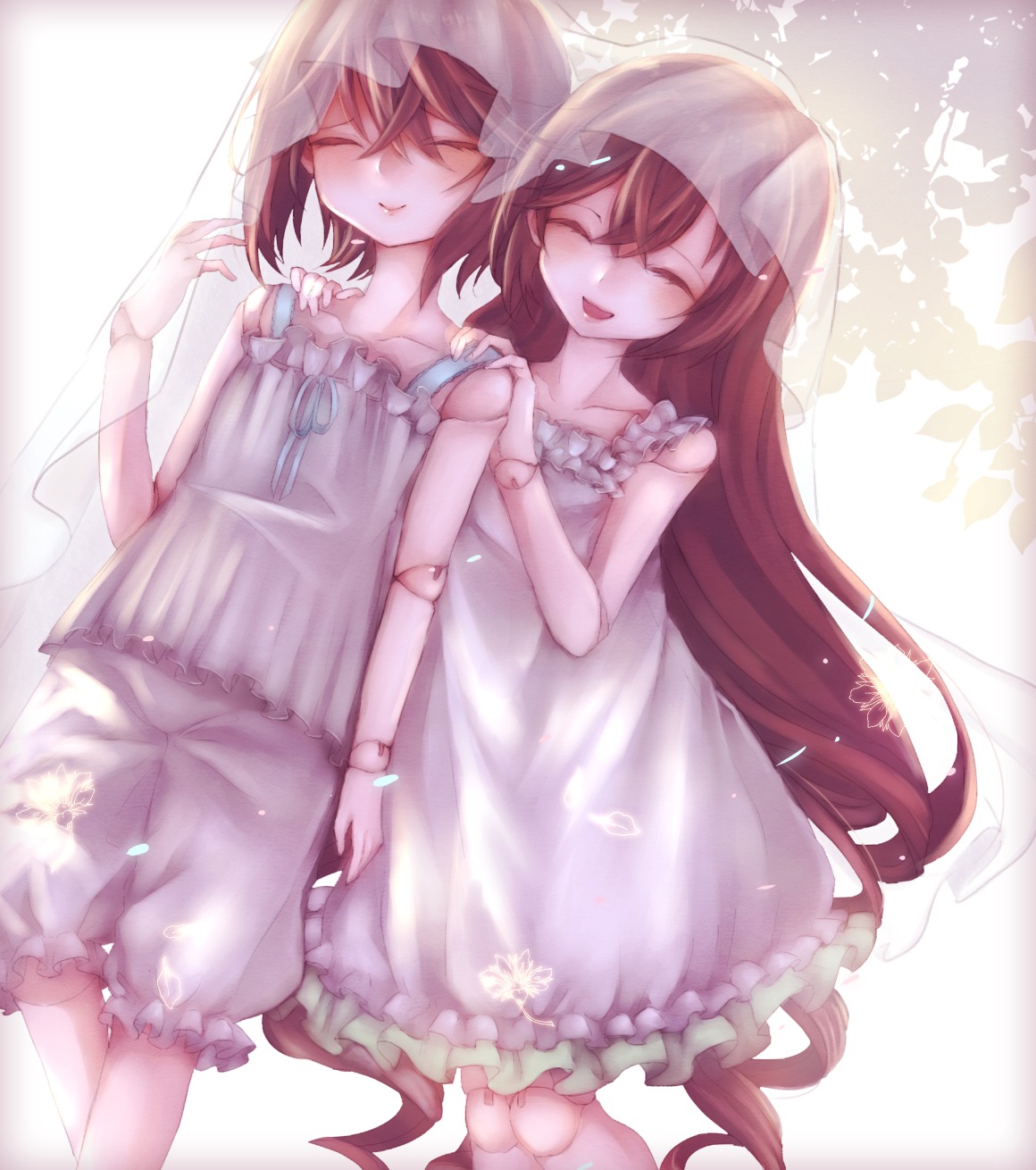 2girls :d ^_^ bad_id bad_pixiv_id bloomers brown_hair camisole closed_eyes closed_mouth collarbone doll doll_joints dress dutch_angle eyebrows_visible_through_hair flower frills green_eyes hair_between_eyes hands_on_another's_shoulders head_tilt heterochromia highres image jewelry joints long_hair lush lushuao multiple_girls one_eye_closed open_mouth pair plant red_eyes rozen_maiden short_hair siblings silhouette sisters smile souseiseki standing striped suiseiseki twins underwear underwear_only veil white_background white_bloomers