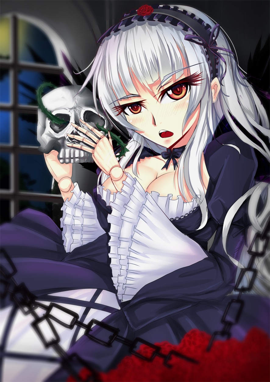 1girl blush breasts chain cleavage dress flower frills gothic_lolita hairband image joints lolita_fashion long_hair medium_breasts open_mouth red_eyes rose silver_hair solo suigintou