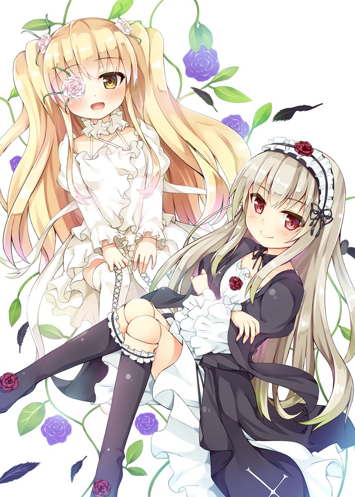 2girls :d ahoge alternate_hair_color asa_(swallowtail) bangs black_feathers black_footwear black_legwear blonde_hair blue_flower blue_rose blush boots brown_hair choker closed_mouth commentary_request cross-laced_footwear crossed_arms dress eyebrows_visible_through_hair eyepatch feathers floral_background flower flower_eyepatch frilled_boots frilled_choker frilled_sleeves frills gothic_lolita hair_flower hair_ornament hairband hands_on_own_knees image kirakishou knee_boots knees_together_feet_apart lolita_fashion lolita_hairband long_hair long_sleeves multiple_girls open_mouth pair petals photoshop_(medium) pink_flower pink_rose plant purple_flower purple_rose red_eyes red_flower red_rose ribbon rose rozen_maiden silver_hair sitting smile suigintou thigh_boots thighhighs thorns two_side_up very_long_hair vines white_background white_dress white_footwear white_rose yellow_eyes